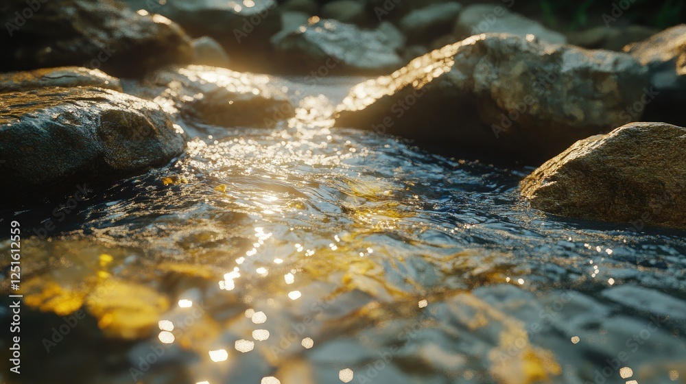 A close-up of a shallow stream with rippling water gliding over smooth river rocks, illuminated by soft sunlight. A close-up of a shallow stream with rippling water gliding over smooth river rocks, illuminated by soft sunlight.