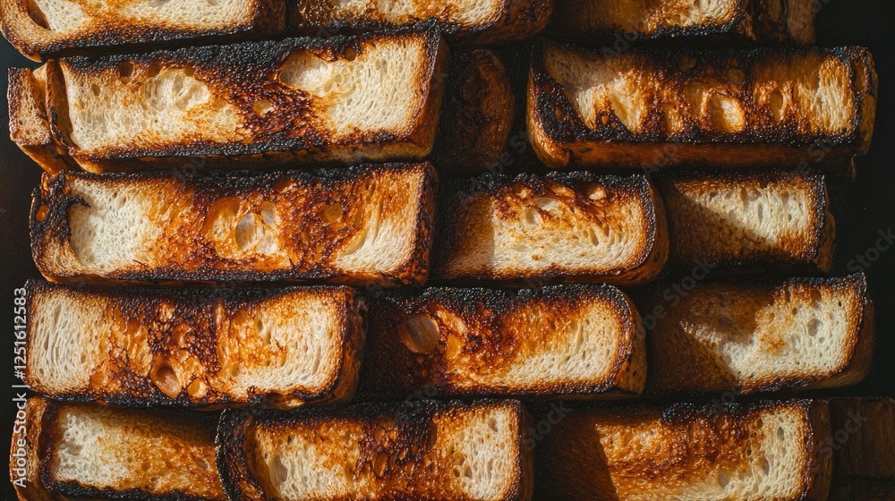 A close-up of a stack of evenly toasted bread slices, arranged in a clean and inviting composition.