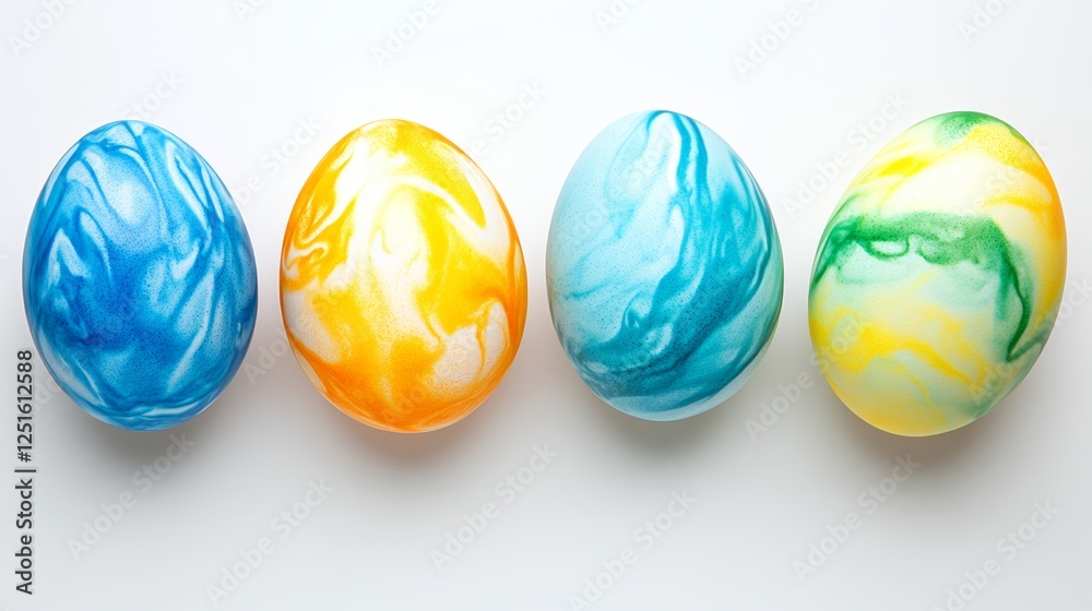 Colorful Marbled Easter Eggs arranged on a White Background with smooth texture and vibrant look.