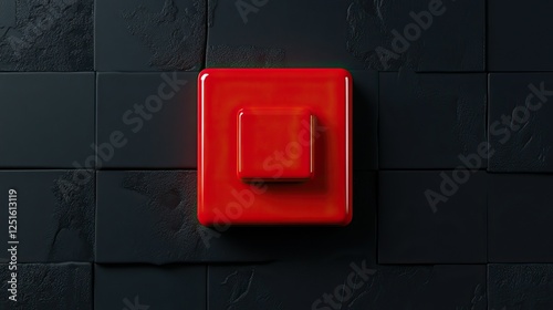 A vibrant red button is centered against a textured black background, creating a striking visual contrast. photo