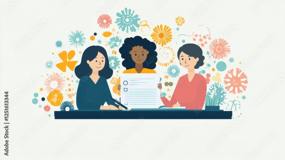 Women Collaborating with Documents and Floral Background Women Collaborating with Documents and Floral Background