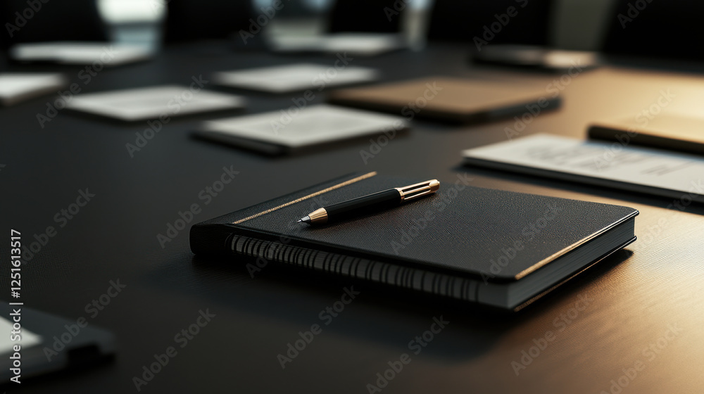 corporate meeting room with organized notebooks and pen on table corporate meeting room with organized notebooks and pen on table