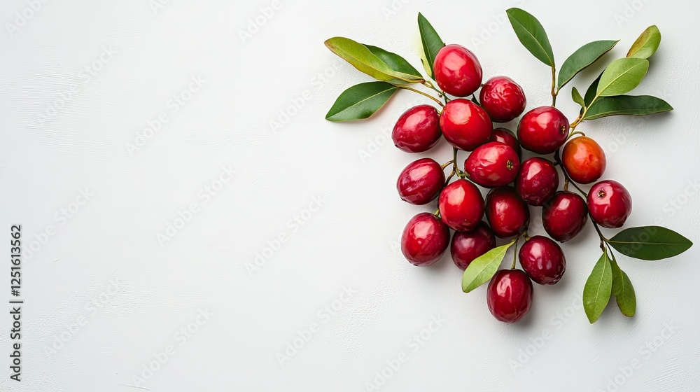 A cluster of fresh red dates with green leaves, neatly placed on a white surface for a minimalistic and clean look. A cluster of fresh red dates with green leaves, neatly placed on a white surface for a minimalistic and clean look.