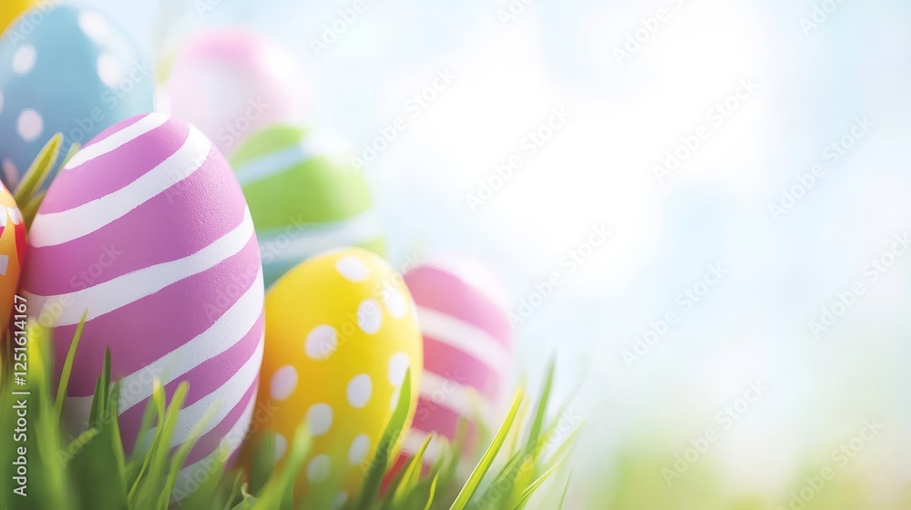 Fototapeta premium Colorful Painted Easter Eggs Resting in Green Grass with a Light Sky Background on a Spring Day.