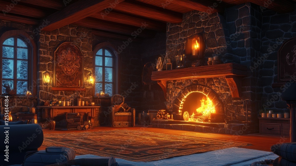 Obraz premium A cozy living space featuring two grand stone fireplaces, each glowing warmly with crackling flames.