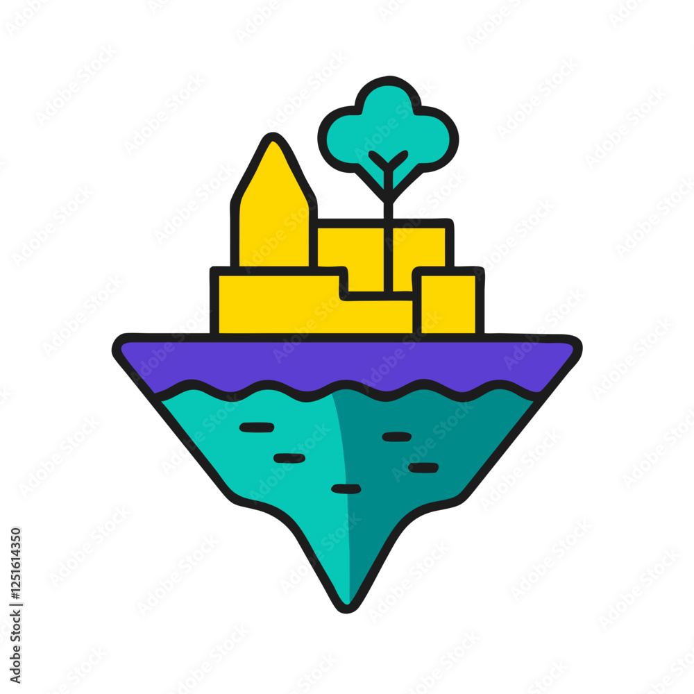 Obraz premium Floating island with buildings and a tree in a vibrant illustration