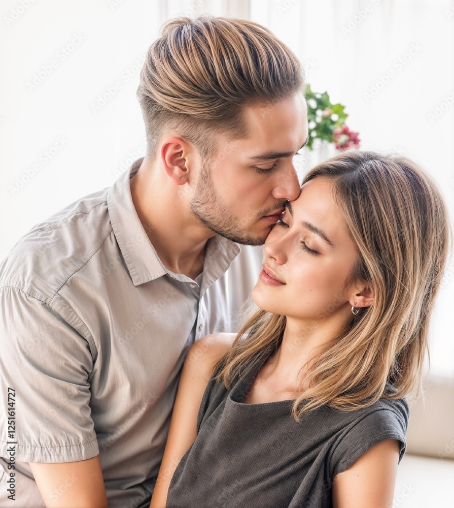 Couple in love with tender expressions in an intimate setting against a bright room background Couple in love with tender expressions in an intimate setting against a bright room background
