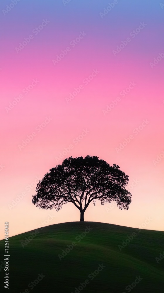 Obraz premium Majestic Tree Silhouette Against Vibrant Twilight Sky Gradient