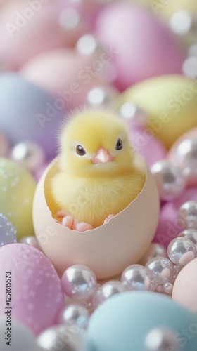 Little chick emerging from pastel egg surrounded by colorful easter eggs and shimmering pearls at springtime celebration. Generative AI photo