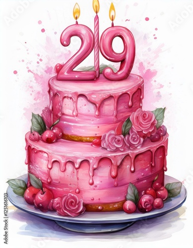 Wallpaper Mural Illustration of decorated pink cake for birthday or anniversary party. Number 29, twenty-ninth birthday celebration Torontodigital.ca