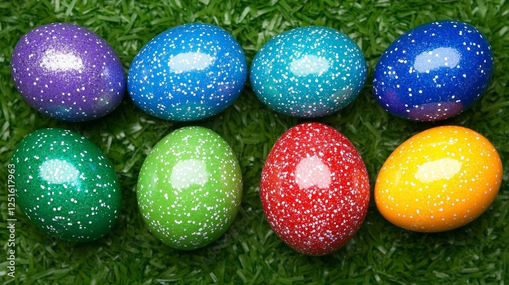Colorful Speckled Easter Eggs on Green Grass Surface Ready for Easter Spring Season Celebration. Colorful Speckled Easter Eggs on Green Grass Surface Ready for Easter Spring Season Celebration.
