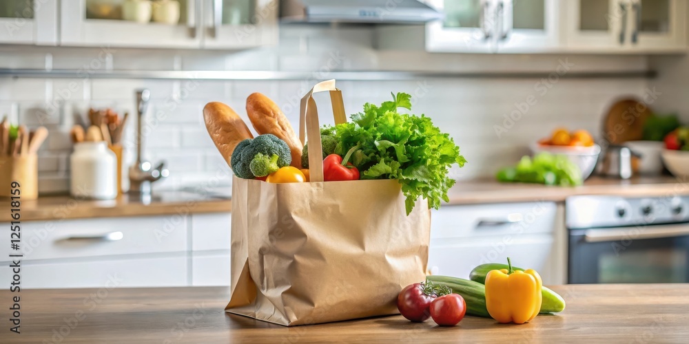 A grocery bag lies open on a kitchen counter with its contents spilling out, dining area, utensils A grocery bag lies open on a kitchen counter with its contents spilling out, dining area, utensils