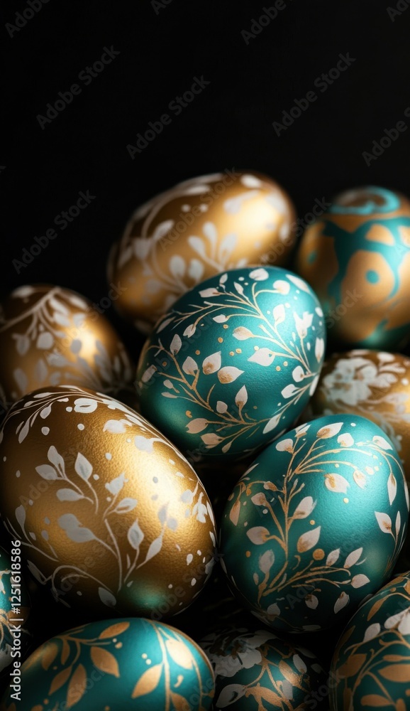 Elegant Easter composition with artisanal decorated eggs and fresh spring flowers on a trendy dark background. Perfect for social media marketing and business. Elegant Easter composition with artisanal decorated eggs and fresh spring flowers on a trendy dark background. Perfect for social media marketing and business.