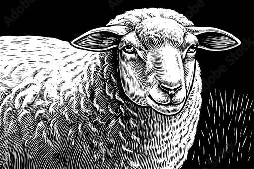 funny sheep close up black and white hand drawn sketch