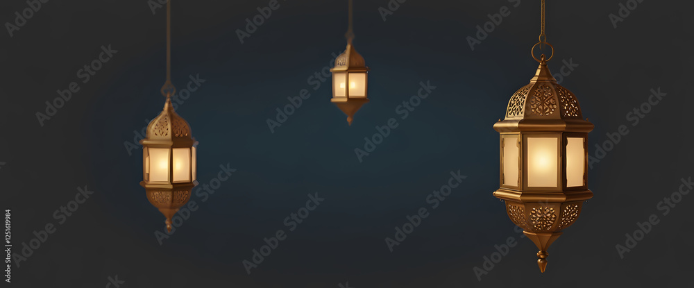 Eid al adha mubarak islamic decoration background with crescent, gold podium, arabic lantern mosque window 3D illustration vector.