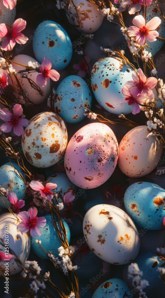 Obraz premium Easter egg & paschal themed social media template to enhance your business presence! Perfect for holiday promotions & festive content. This 9:16 vertical format features elegant symbols, soft glowing 