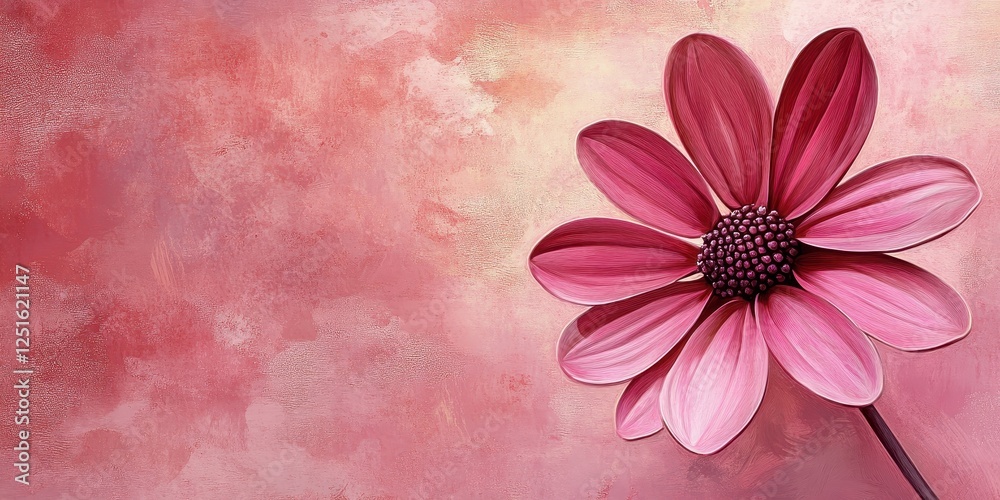 Fototapeta premium A single pink flower blossom against a textured rosy background