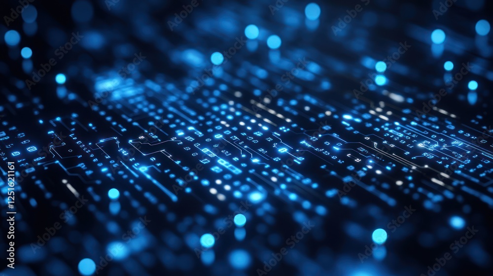 Blue digital data stream flowing, circuit board background, technology concept Blue digital data stream flowing, circuit board background, technology concept