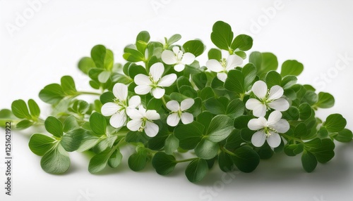 bacopa monnieri brahmi plant with lush green foliage and delicate white flowers on a clean white background