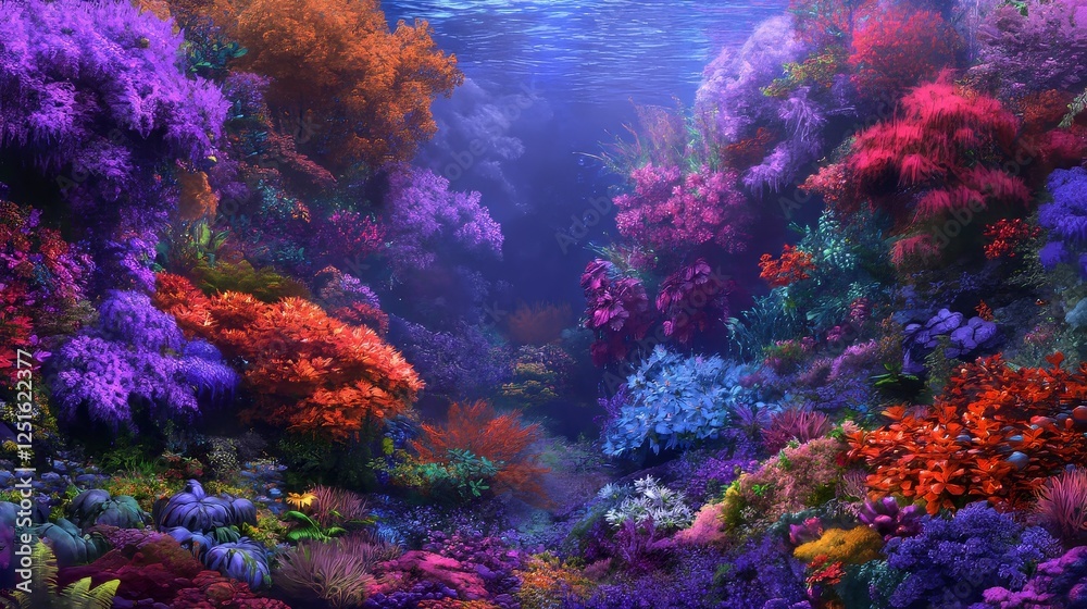 Fototapeta premium Colorful Underwater Garden With Vibrant Flora In A Blue Ocean Depth.