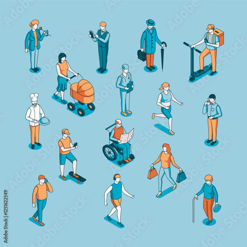 isometric vector set of people of different gender and age and professions in linear style, in color on blue background, society or nation