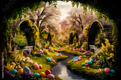 Colorful landscape with a lake, river and a bright flower meadow in watercolors. Top view. Shot from above. Digital painting. Spring grass and wooden fence with easter eggs and flowers on cloudy sky