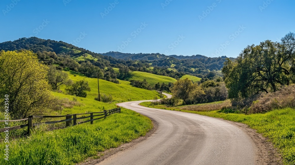 Naklejka premium A peaceful countryside road curving through vibrant green hills under a clear, sunny sky.