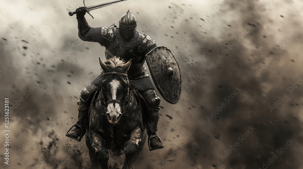Fototapeta premium A Knight in Armor Galloping into Battle – Epic Horseback Charge with Sword Raised, Perfect for Fantasy, Medieval, and Adventure Themes