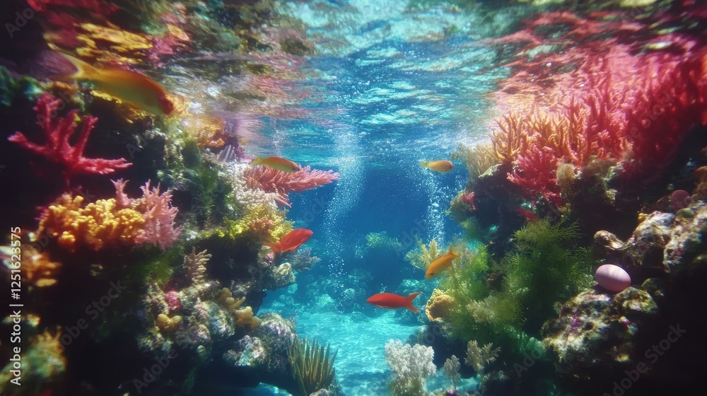 Naklejka premium Coral Reef Underwater Scene with Tropical Fish and Bubbles in the Turquoise Water.