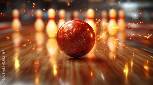 A bowling ball rolls towards pins, creating sparks on the lane.