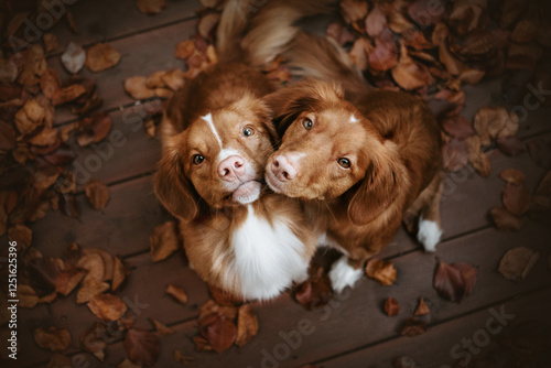 Photography Two nova scotia duck tolling retriever dogs kissing among leaves in autumn