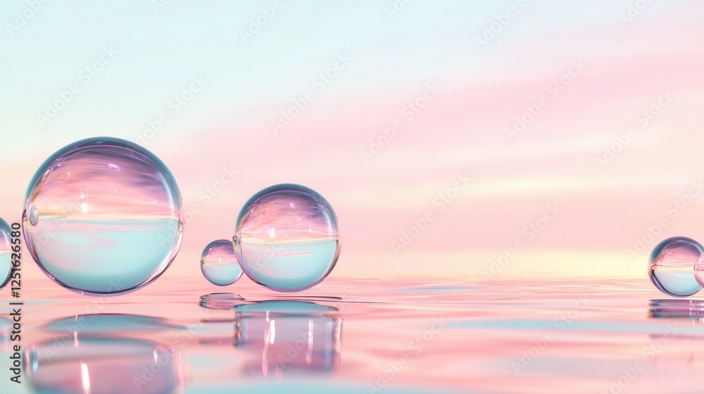 Soft pastel hues reflect off shimmering bubbles on a tranquil water surface, creating a serene and calming atmosphere. Soft pastel hues reflect off shimmering bubbles on a tranquil water surface, creating a serene and calming atmosphere.