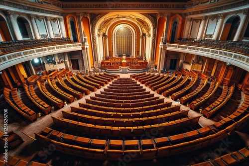 Interior views of parliamentary halls and state houses, symbolizing political decision-making spaces. AI generated image