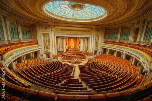 Interior views of parliamentary halls and state houses, symbolizing political decision-making spaces. AI generated image