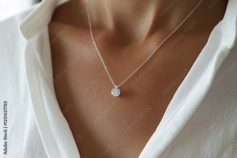 Elegant jewelry closeup featuring a diamond necklace on a delicate chain. Closeup of a diamond necklace on a neck emphasizes sophistication and beauty. Luxury jewelry, white gold and diamonds. Elegant jewelry closeup featuring a diamond necklace on a delicate chain. Closeup of a diamond necklace on a neck emphasizes sophistication and beauty. Luxury jewelry, white gold and diamonds.