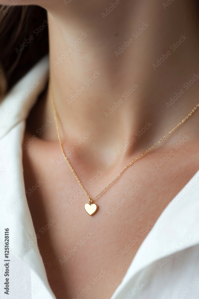 Close-up of a woman wearing a thin gold necklace with a heart pendant. Portrait highlighting a young woman wearing a heart pendant necklace. Love symbol, Saint Valentine's Day gift. Close-up of a woman wearing a thin gold necklace with a heart pendant. Portrait highlighting a young woman wearing a heart pendant necklace. Love symbol, Saint Valentine's Day gift.