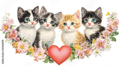Vintage Valentine-themed kitten illustration in 1950s-1970s greeting card style, perfect for classic cat ephemera lovers