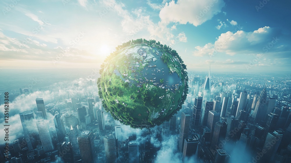 Green planet earth hovering over a futuristic city at sunrise. Green planet earth hovering over a futuristic city at sunrise.
