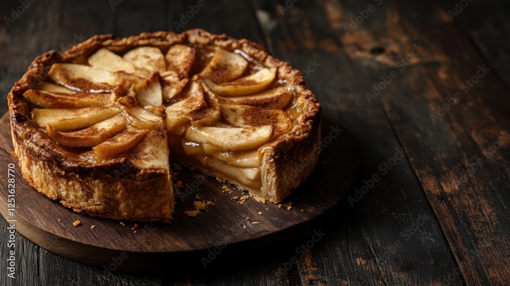 A rustic apple pie with a golden-brown crust, partially sliced to reveal the cinnamon-spiced filling, on a dark wooden background A rustic apple pie with a golden-brown crust, partially sliced to reveal the cinnamon-spiced filling, on a dark wooden background