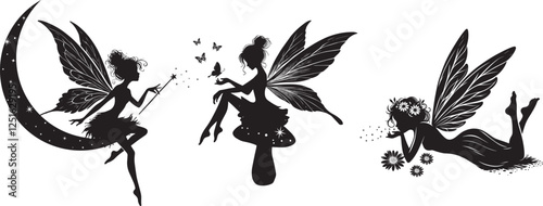 Fairy Black Silhouette Vector Illustration on White Background
