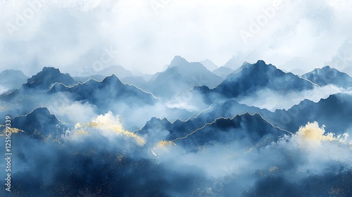 Abstract Watercolor Misty Mountains with Gold Accents