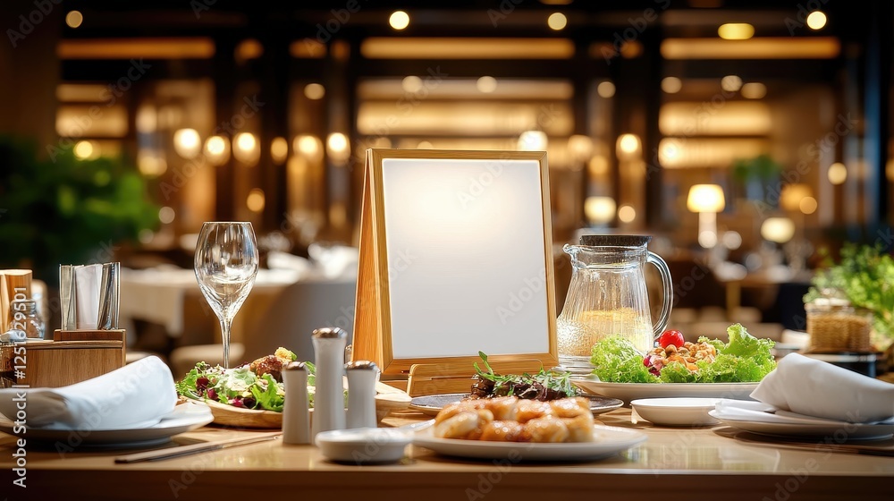 Fototapeta premium Cozy and Elegant Setting of a Traditional Chinese Vegetarian Restaurant with Plates of Colorful Healthy Dishes and a Blank Menu Sign Awaiting Guests