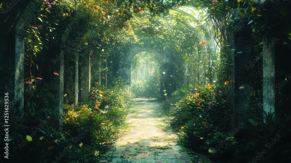 Obraz premium Path leads through a verdant overgrown garden archway