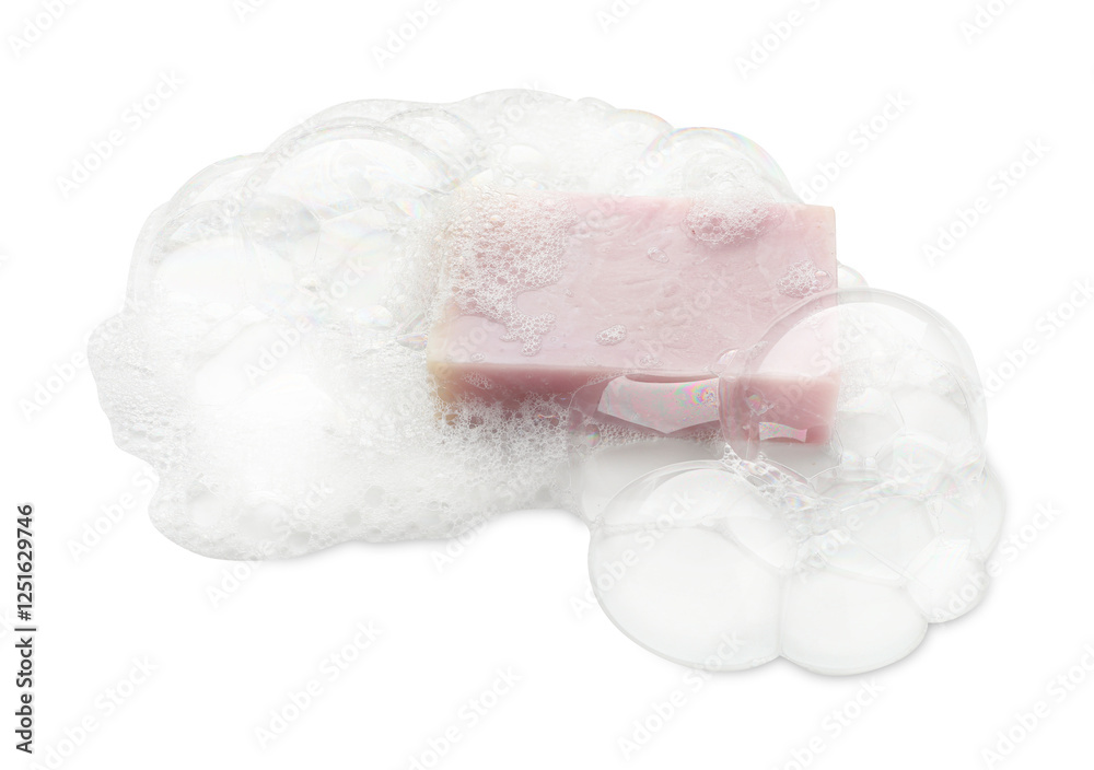 Fototapeta premium Bar soap with foam on white background