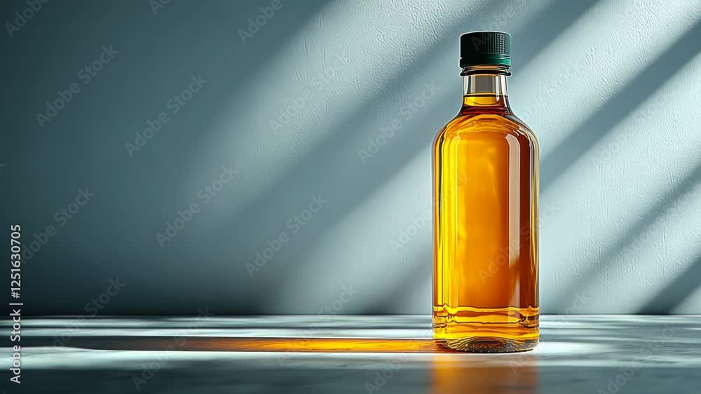 A bottle of amber liquid on a table with soft shadows in the background A bottle of amber liquid on a table with soft shadows in the background