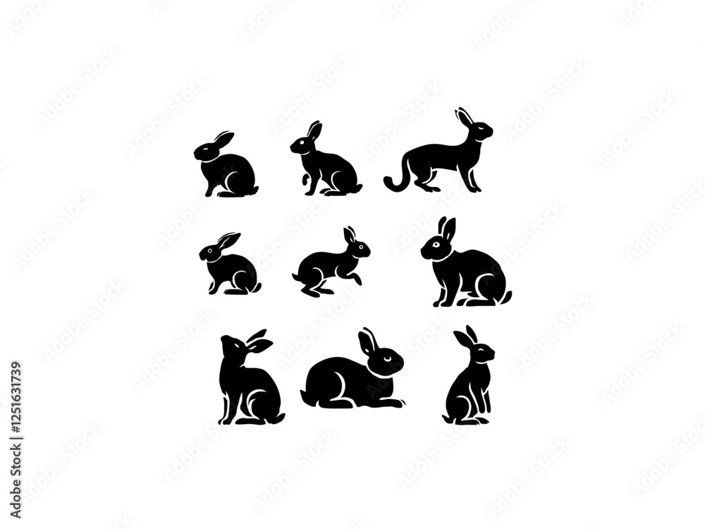 Naklejka premium Rabbit set, vector black and white rabbits silhouettes, of rabbits in different poses, set against a pure white background. Rabbit silhouettes vector illustration design set.