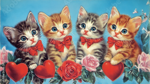 Vintage Valentine-themed kitten illustration in 1950s-1970s greeting card style, perfect for classic cat ephemera lovers