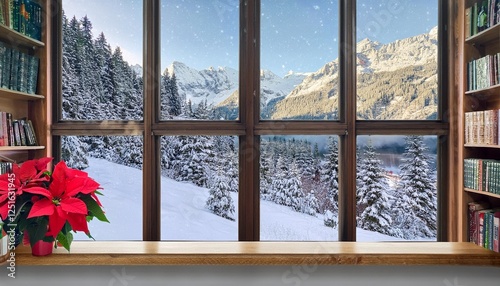 christmas bookshelf background of interior home library study virtual room window view snow mountains hills fall winter poinsettia holiday flowers online webinar presentation teams meeting backdrop
