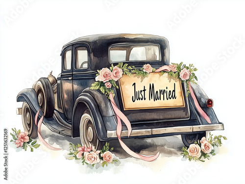 Romantic illustration of an old dark car decorated with flowers and ribbons and the words ‘Just Married’ on the back. photo