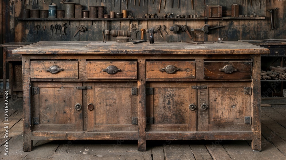 Spacious workshop featuring an organized empty workbench with tools neatly arranged on shelves Spacious workshop featuring an organized empty workbench with tools neatly arranged on shelves